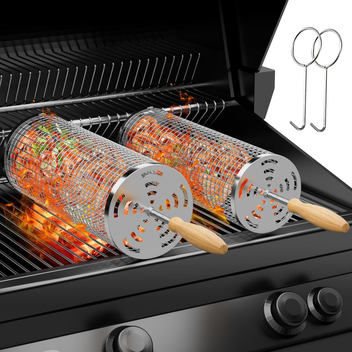 MUYFIO rolling grill basket large front view showing sturdy build for even cooking