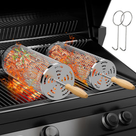 MUYFIO rolling grill basket large front view showing sturdy build for even cooking