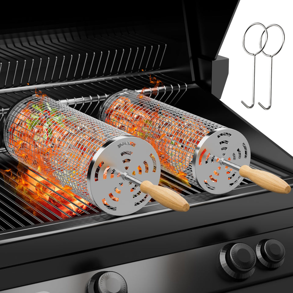 MUYFIO rolling grill basket large front view showing sturdy build for even cooking