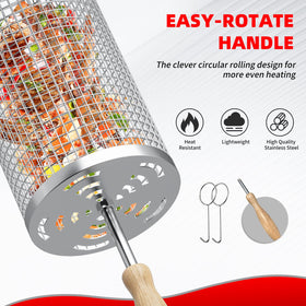 MUYFIO rolling grill basket removable wooden handle for easy grip