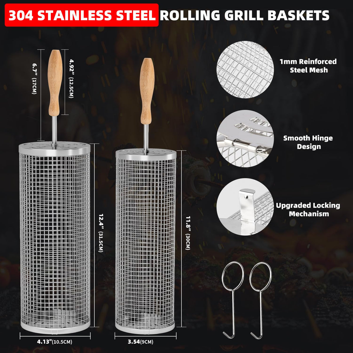 MUYFIO rolling grill basket two-pack setup includes large and small baskets