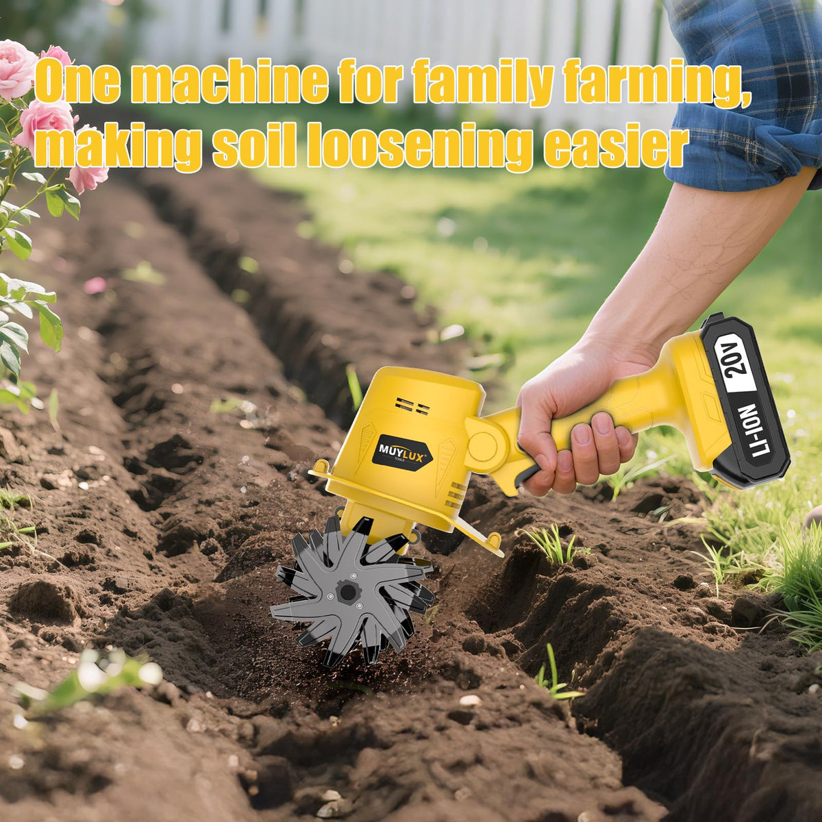 Muylux 20V cordless tiller 240 RPM rotating action for efficient prep