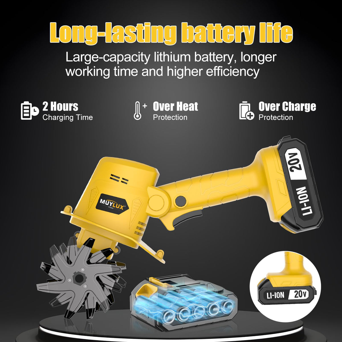 Muylux 20V cordless tiller swappable battery for extended use