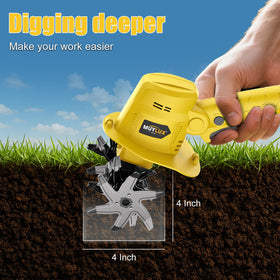 Muylux 20V cordless tiller designed for tight spots and small beds