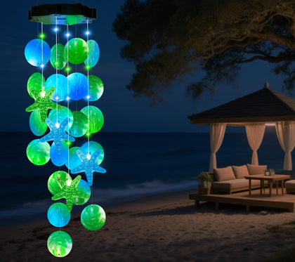 MUYUN Solar Starfish Wind Chimes outdoors glowing at dusk for ambient coastal charm.