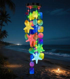 MUYUN Solar Starfish Wind Chimes outdoor shell light adds ambient coastal glow.