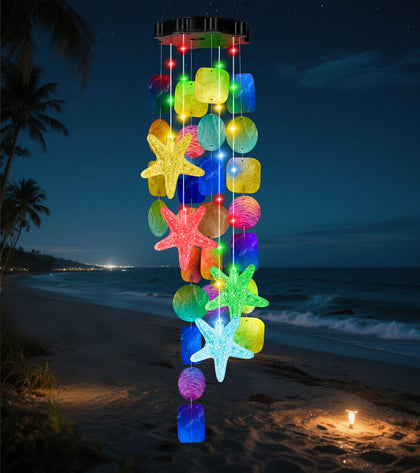 MUYUN Solar Starfish Wind Chimes outdoor shell light adds ambient coastal glow.