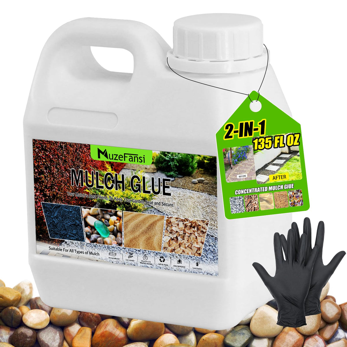 MuzeFansi Mulch Glue bottle applying on mulch for secure garden beds
