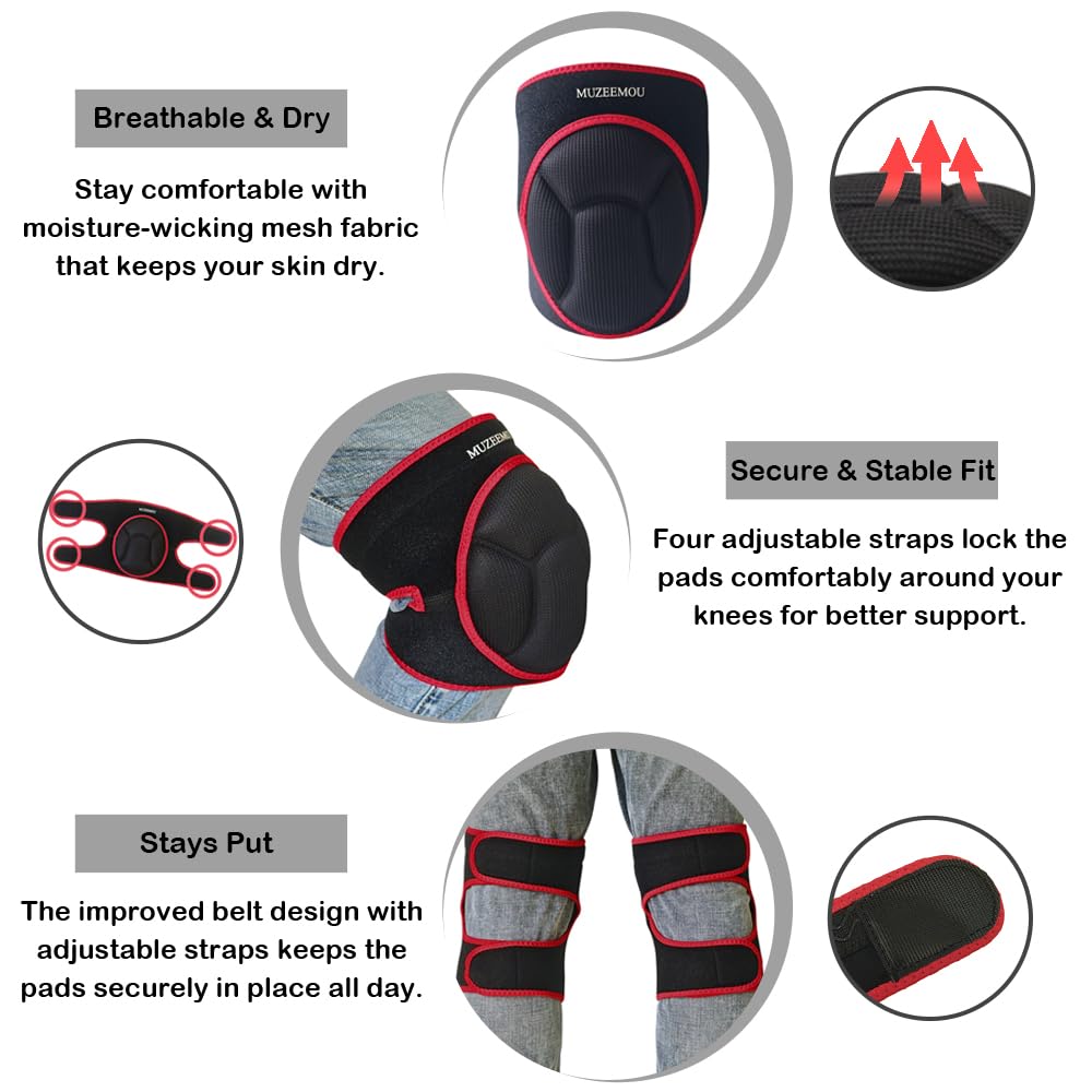 MUZEEMOU knee pads adjustable straps secure a custom, comfy fit.