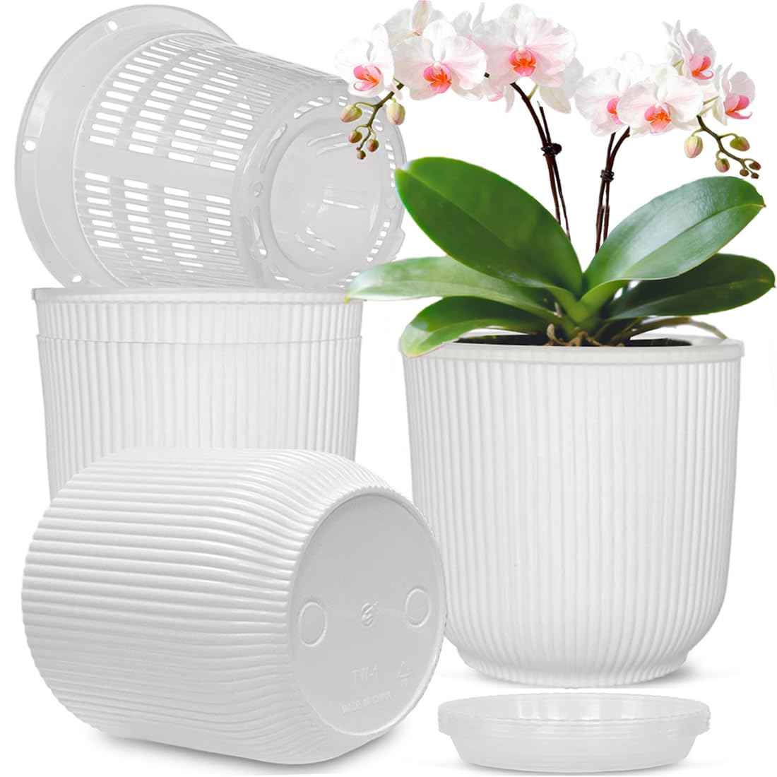 MUZHI outer white ribbed pot for decorative orchid display with breathable support