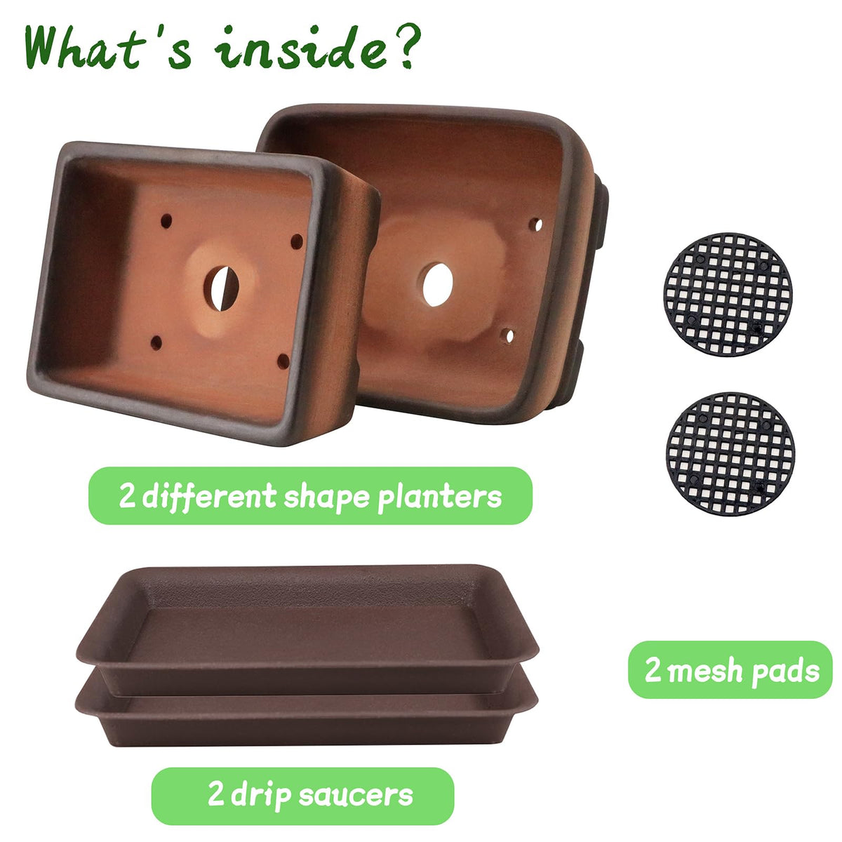 MUZHI included drip saucers and mesh pads for neat watering.