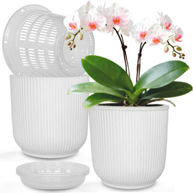 MUZHI orchid pot outer white ribbed design for decorative drainage and stability