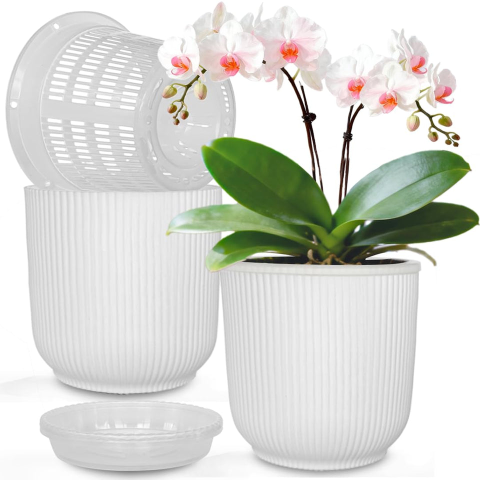 MUZHI orchid pot outer white ribbed design for decorative drainage and stability