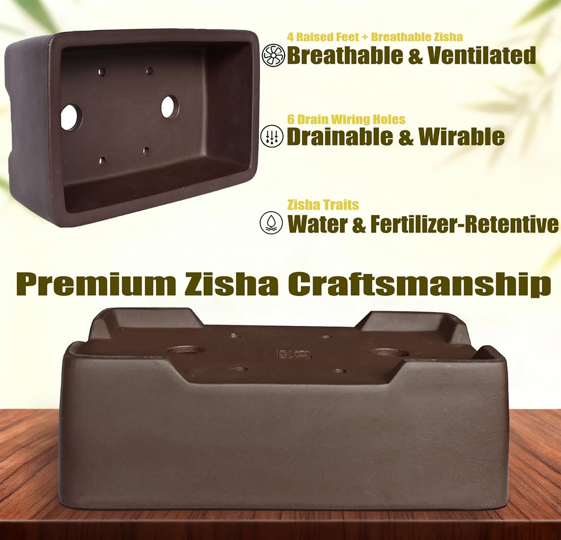 MUZHI rectangle bonsai pot shows drainage holes for steady water flow.