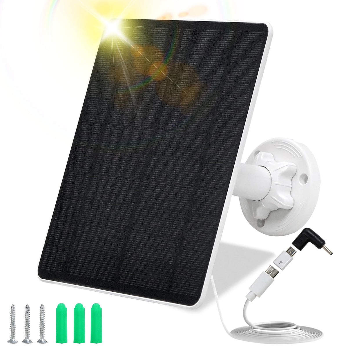 MUZUZZI 5W solar panel front view powering outdoor security cameras in sunlight.