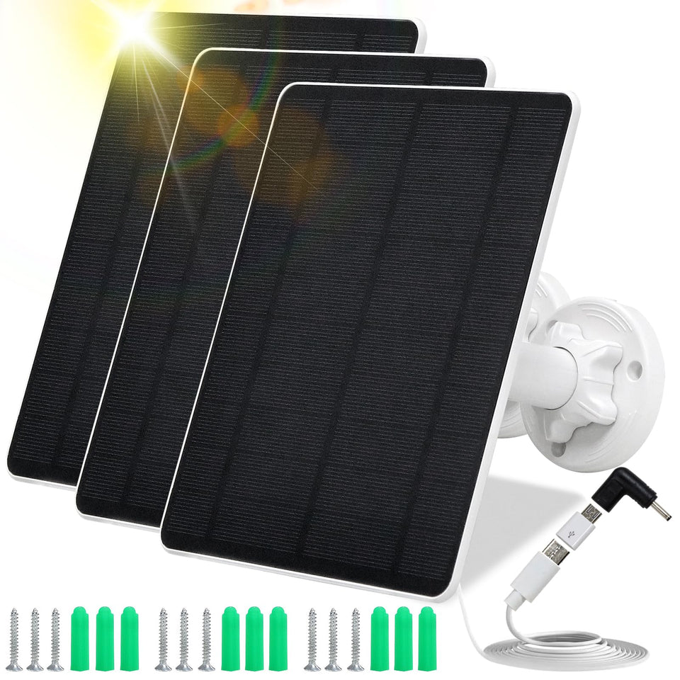MUZUZZI solar panel front view powering outdoor security cameras with 5W output