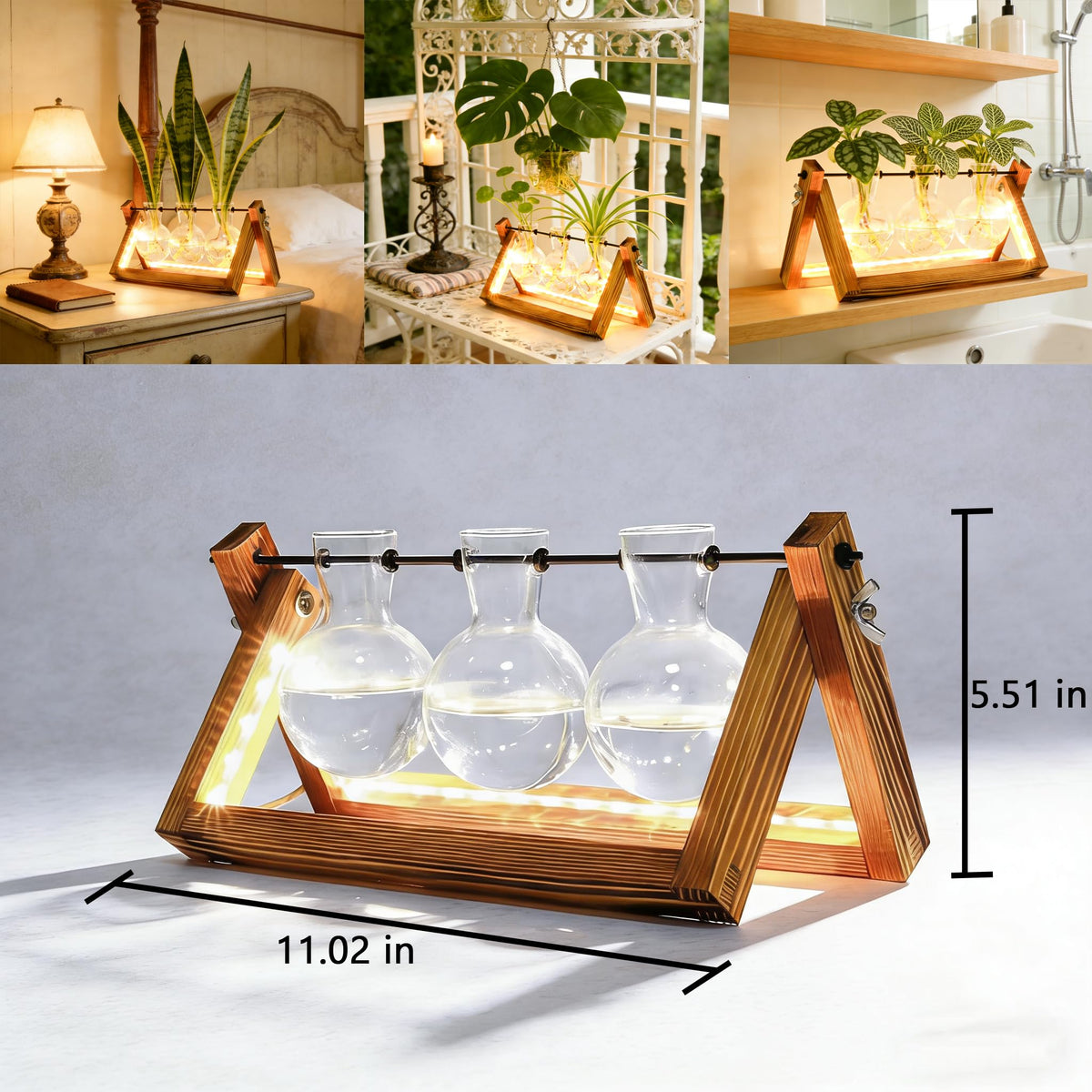 MVOVM retro wooden stand showcasing a glass terrarium for decor