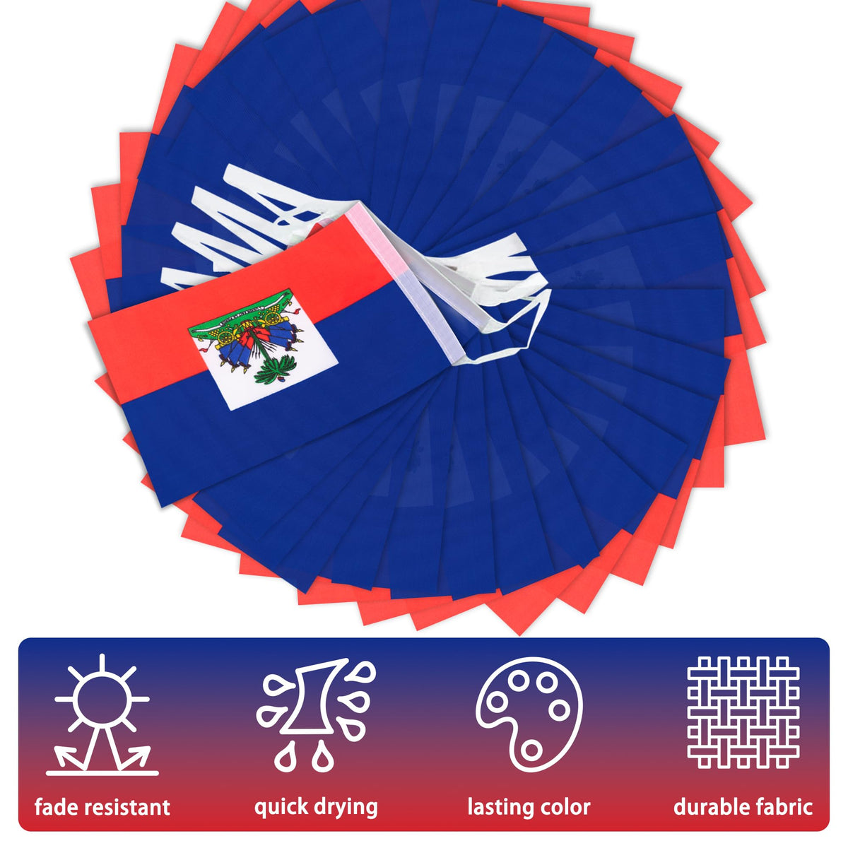 Durable polyester fabric on MVPRING Haiti flag pennant banner.