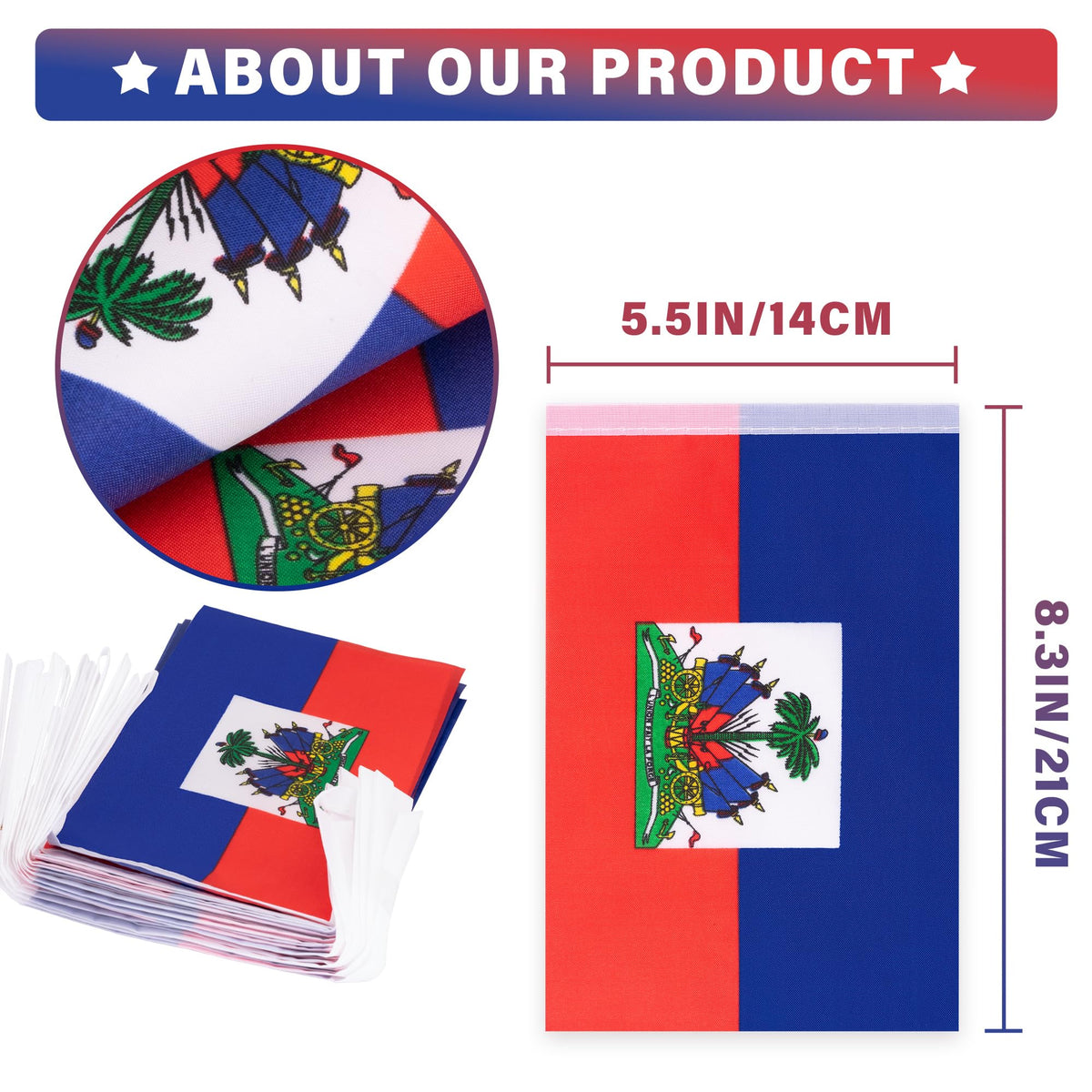 Full-color printed Haiti flags on MVPRING pennant banner.