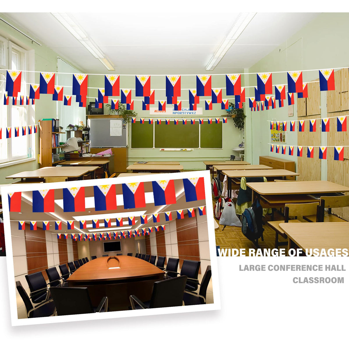 Close-up of MVPRING flag bunting with vivid colors.