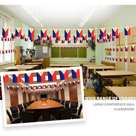 Close-up of MVPRING flag bunting with vivid colors.