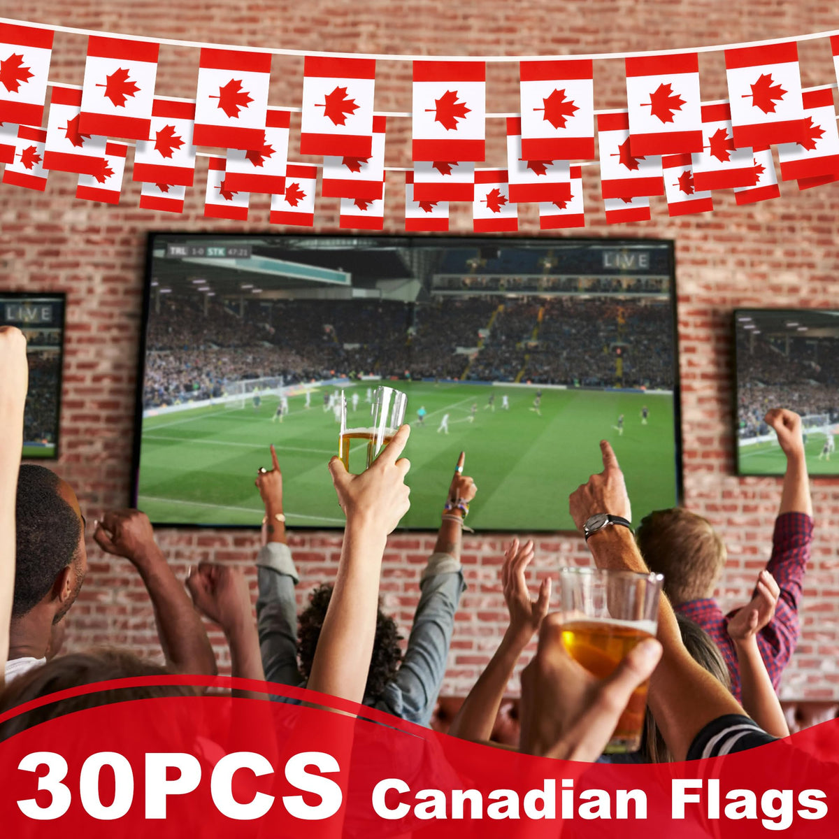 MVPRING flag bunting draped on a porch or balcony for outdoor events