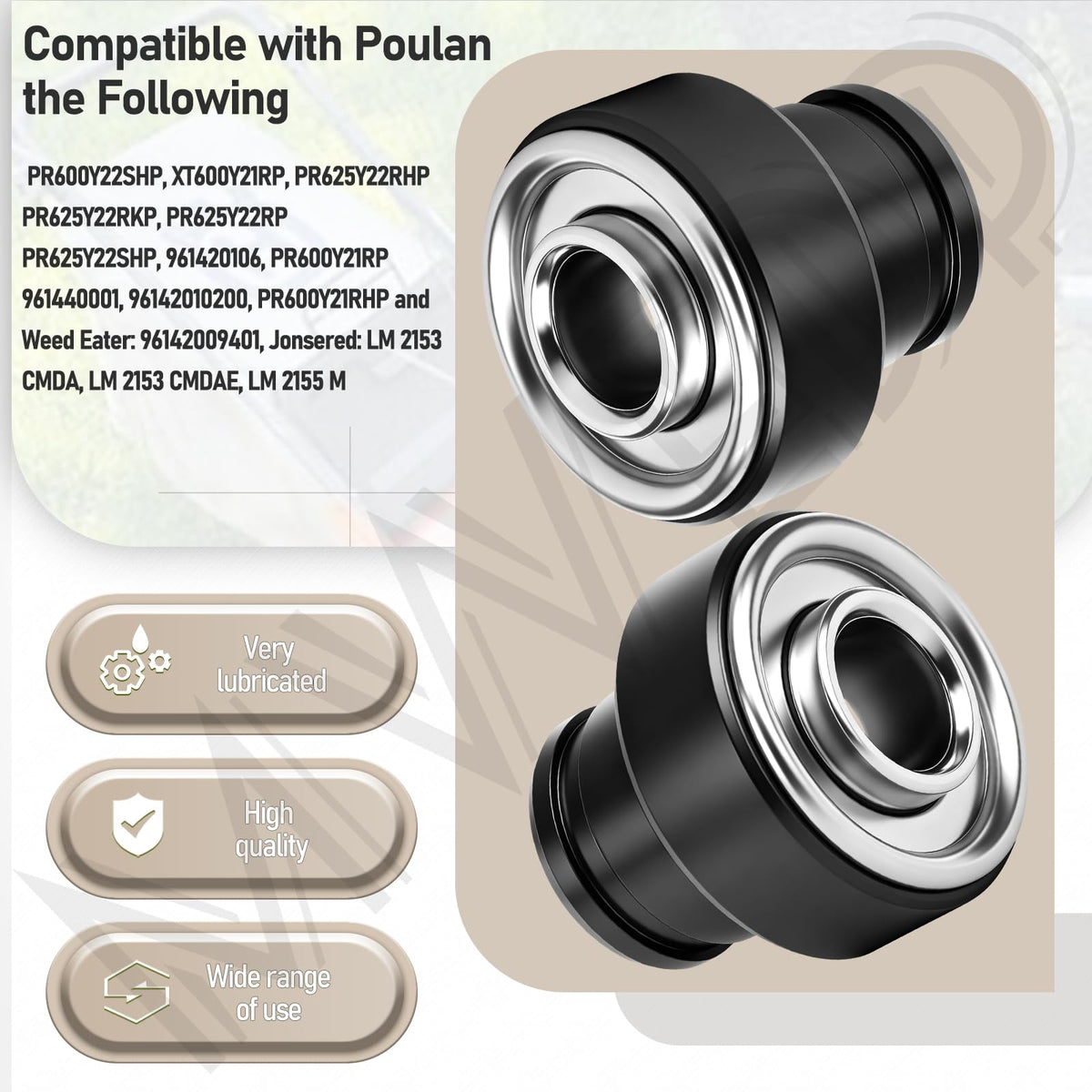 MWEDP wheel bearing supports longer mower life with reduced friction.