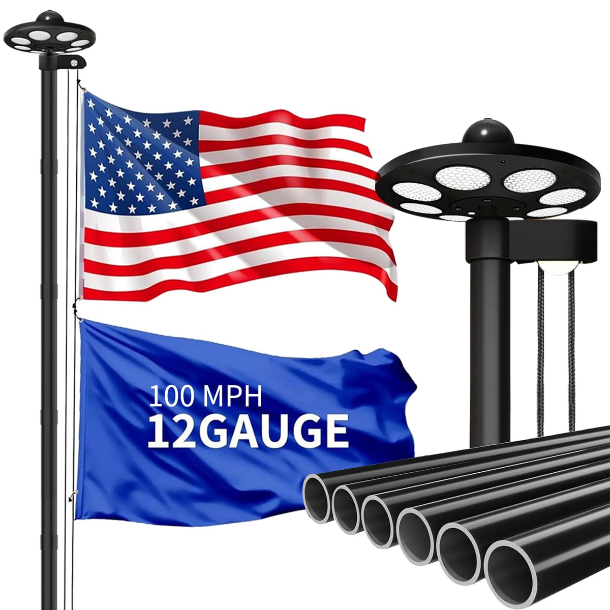 MXQMKL 25ft flagpole with LED light illuminates outdoor display at dusk