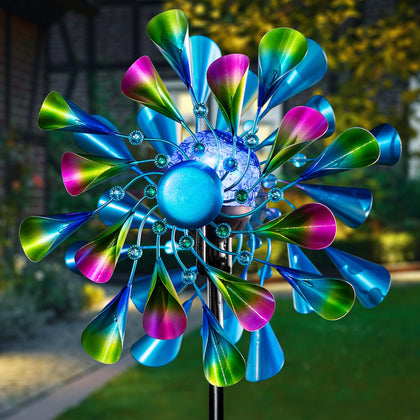 MXwcy 60-inch wind spinner with solar globe provides ambient illumination for gardens.