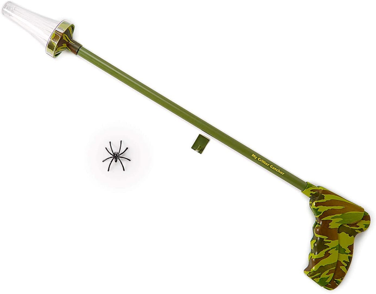 My Critter Catcher camo spider catch demonstrates safe, contact-free removal.