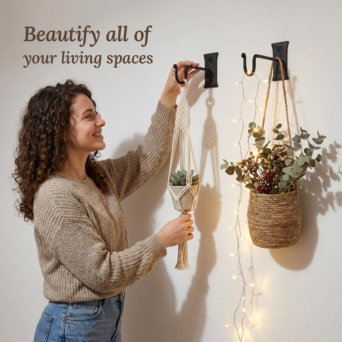 My Fancy Farmhouse heavy-duty iron hook demonstrates strong support for planters.
