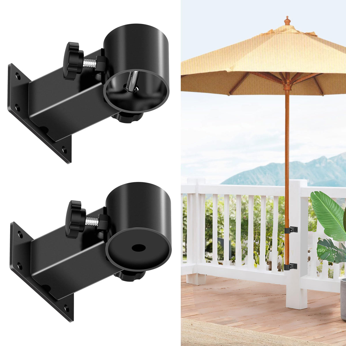 MY RUSTIC umbrella holder rail clamp secures shade on decks and balconies.