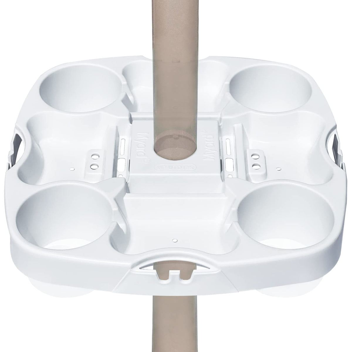 Myard 15-inch Pro umbrella table tray attached to a pole keeps drinks and devices within reach.