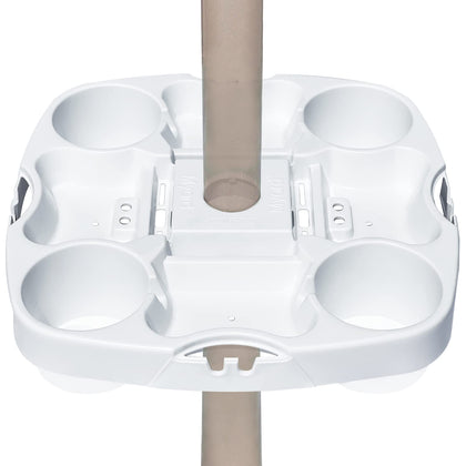 Myard 15-inch Pro umbrella table tray attached to a pole keeps drinks and devices within reach.