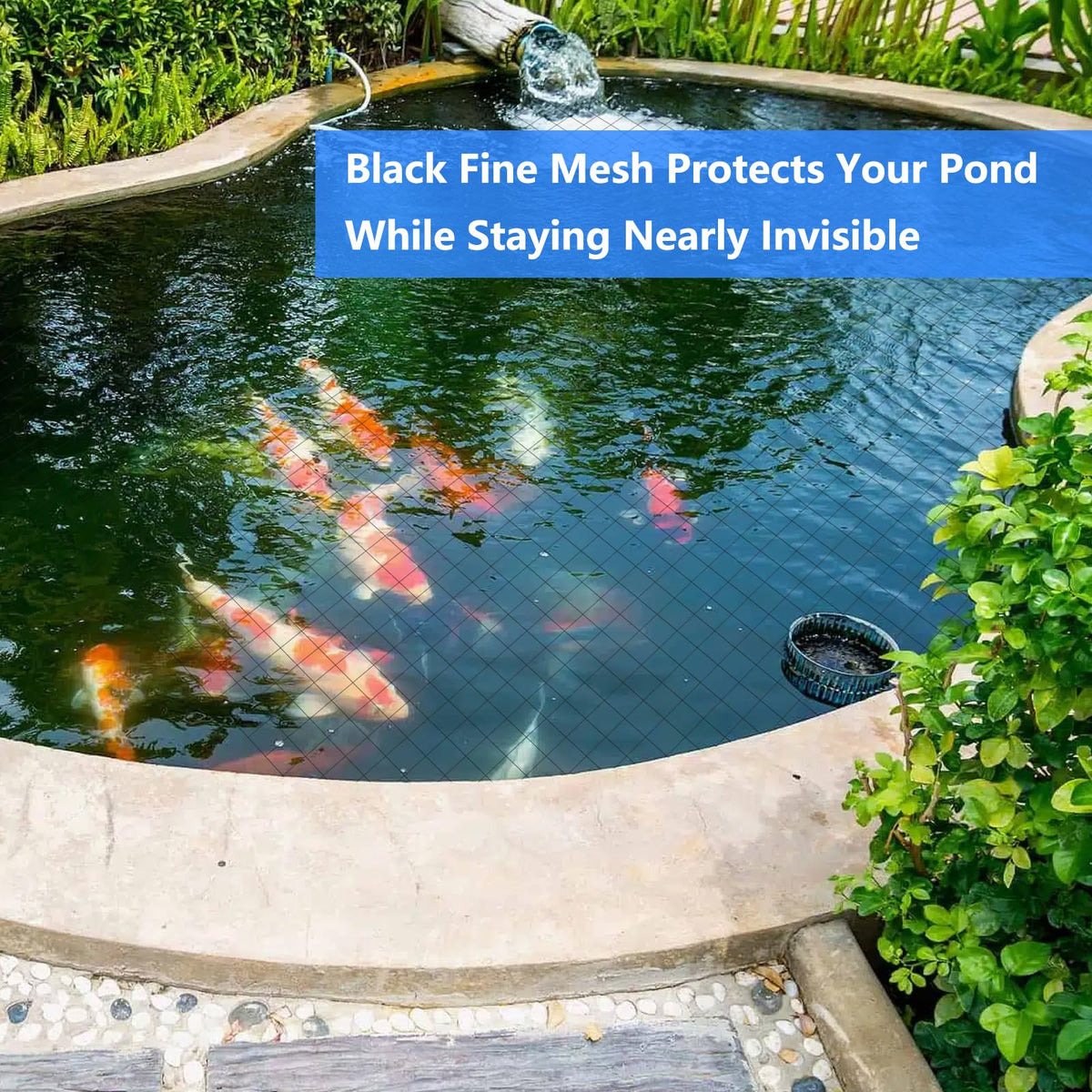 Mychoiii pond netting in action with visible koi swimming.