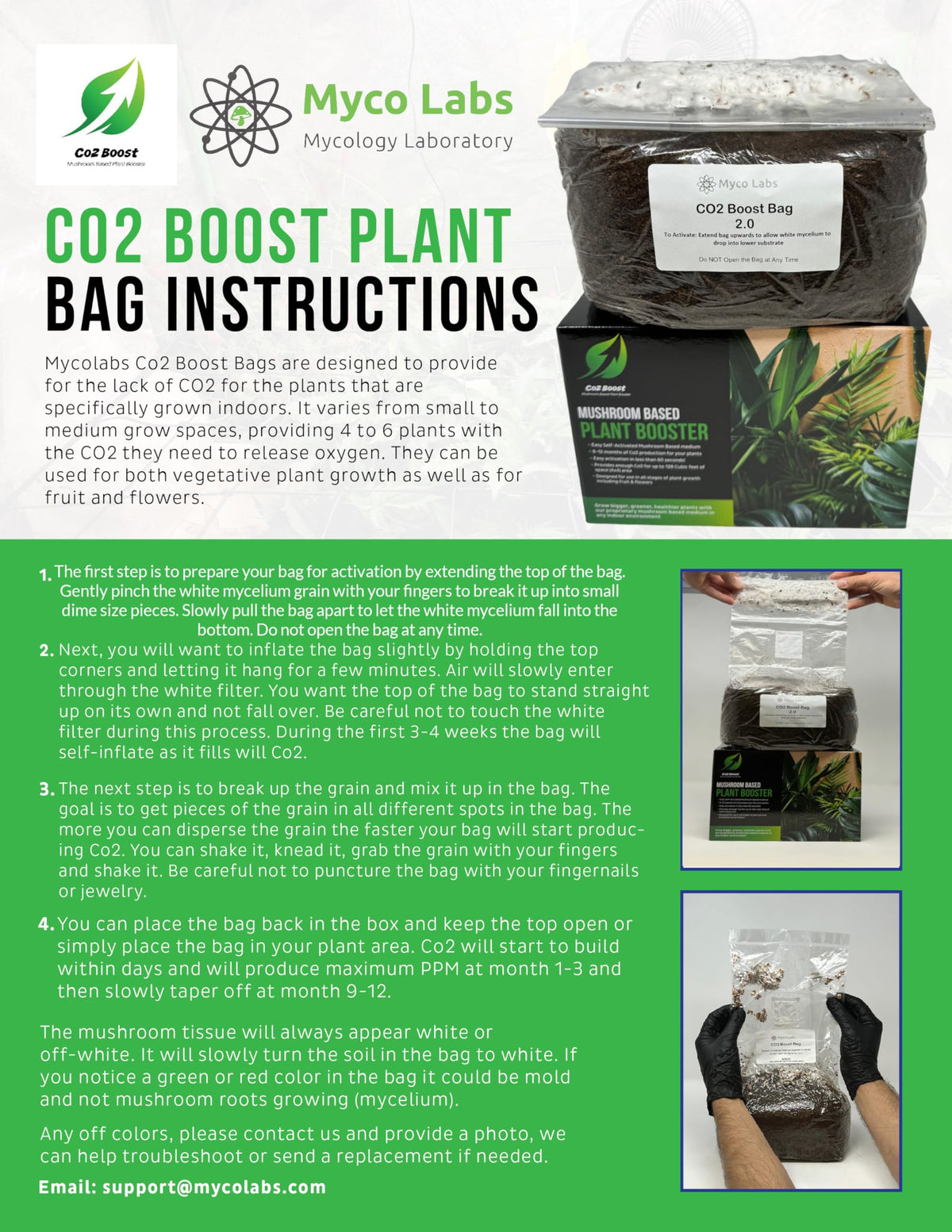 Myco Labs Co2 Boost bag harvestable mushrooms appear around month 11 to 12.