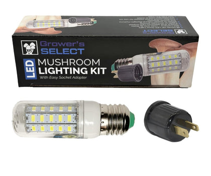 Myco Labs Grower's Select LED light in assembly setup providing even mushroom illumination.