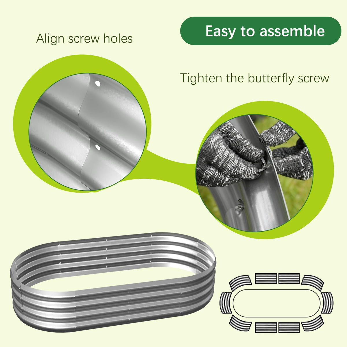 Mycovire galvanized planter box assembly step view, tool-free setup.