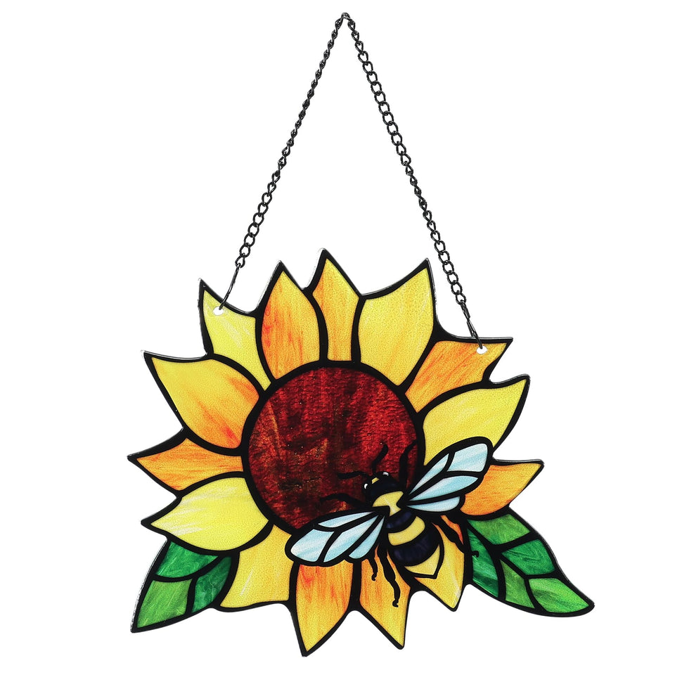 MYCRLIFE stained glass suncatcher—sunflower and ladybug—brightening sunlit windows.
