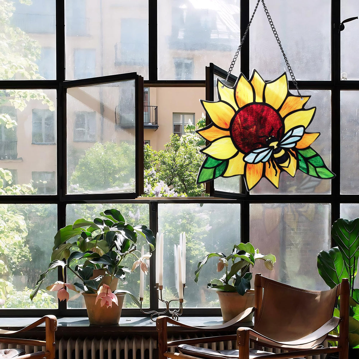 MYCRLIFE hand-painted glass art enhances natural light with a warm glow.