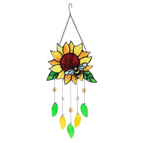 MYCRLIFE stained glass suncatcher with sunflower and ladybug brightens windows as sunlight shines through.