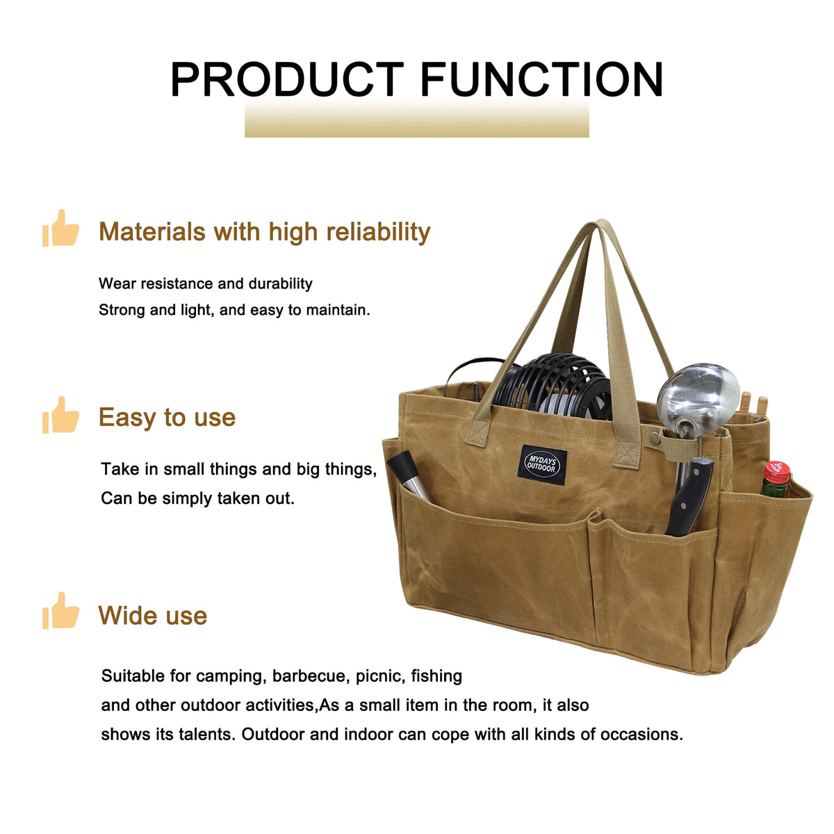 MYDAYS OUTDOOR garden tool storage tote front pocket with buckle.