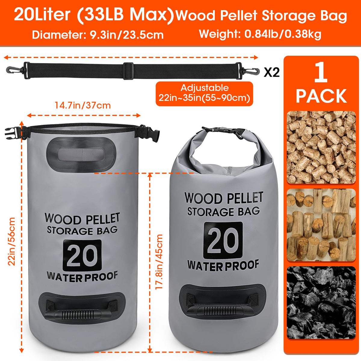 Mydrissu pellet bag with backpack strap demonstrates hands-free transport for camping.