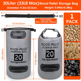 Mydrissu pellet bag with backpack strap demonstrates hands-free transport for camping.