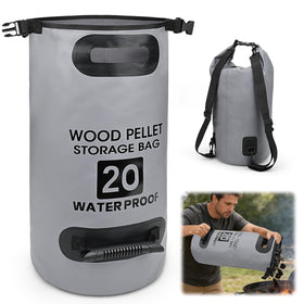 Mydrissu 33LB/20L pellet bag front view highlights large capacity for outdoor fuel storage.