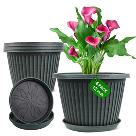 Myfeegoin 12-inch ribbed planter in red-brown with saucer for sunlit balconies
