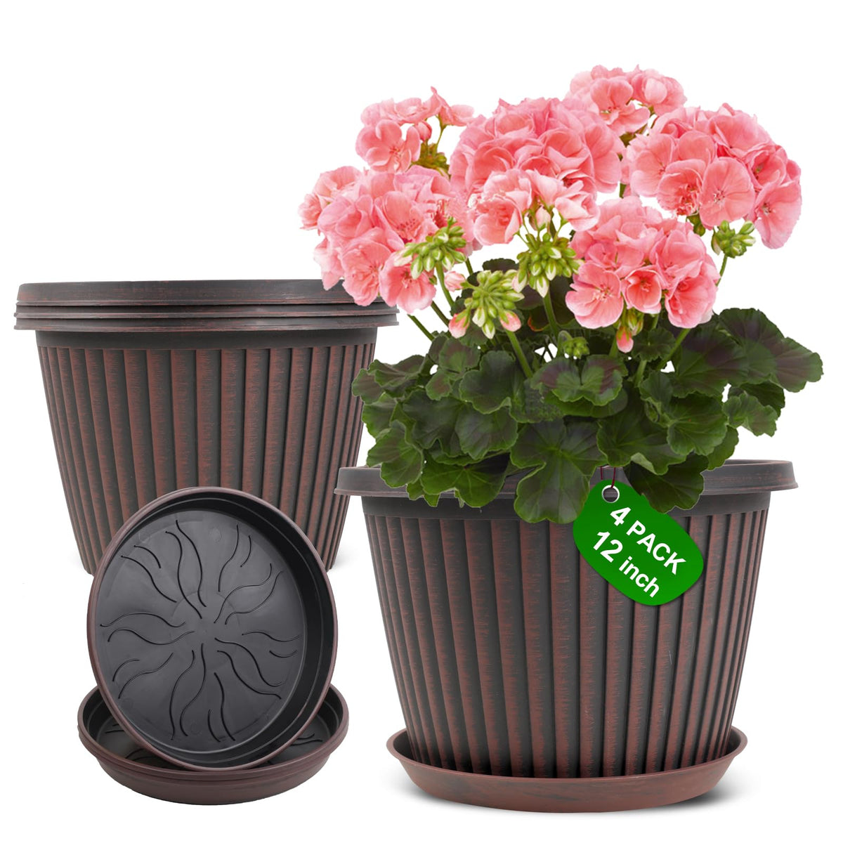 Myfeegoin large 12-inch ribbed planter with saucer for indoor and outdoor use