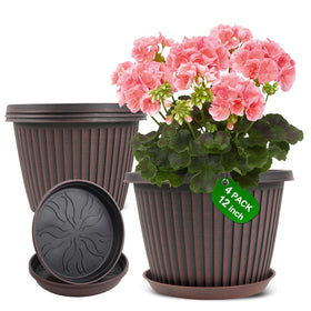 Myfeegoin large 12-inch ribbed planter with saucer for indoor and outdoor use