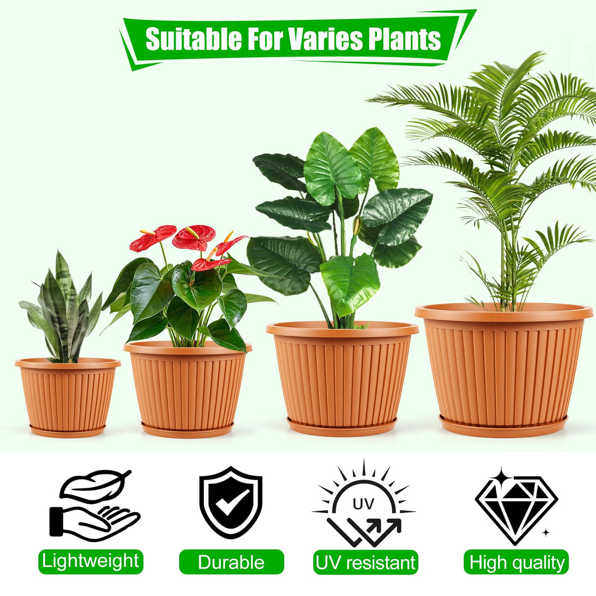 Myfeegoin planter pot made from recyclable polypropylene offers lightweight durability.