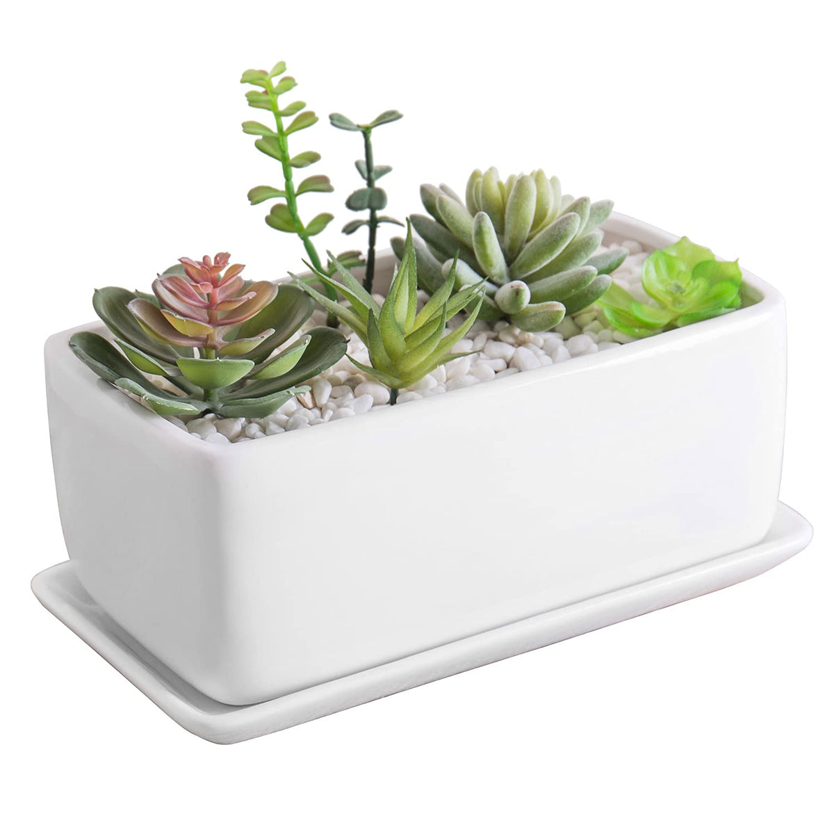 MyGift 10-inch rectangular white ceramic planter, front view for modern desks